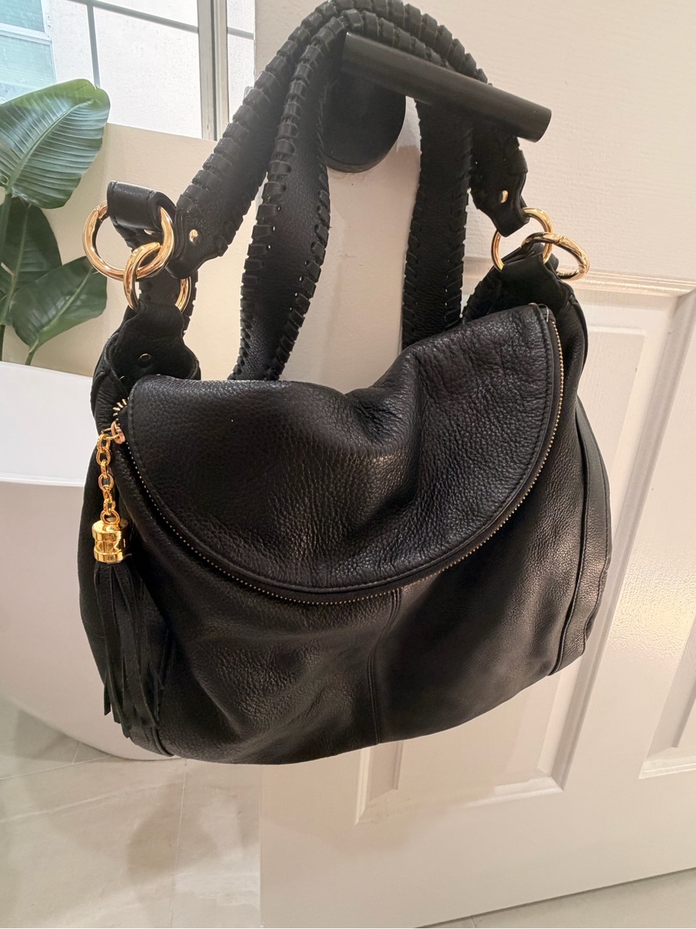 Onna Ehrlich Black Leather Shoulder Bag with Gold Hardware